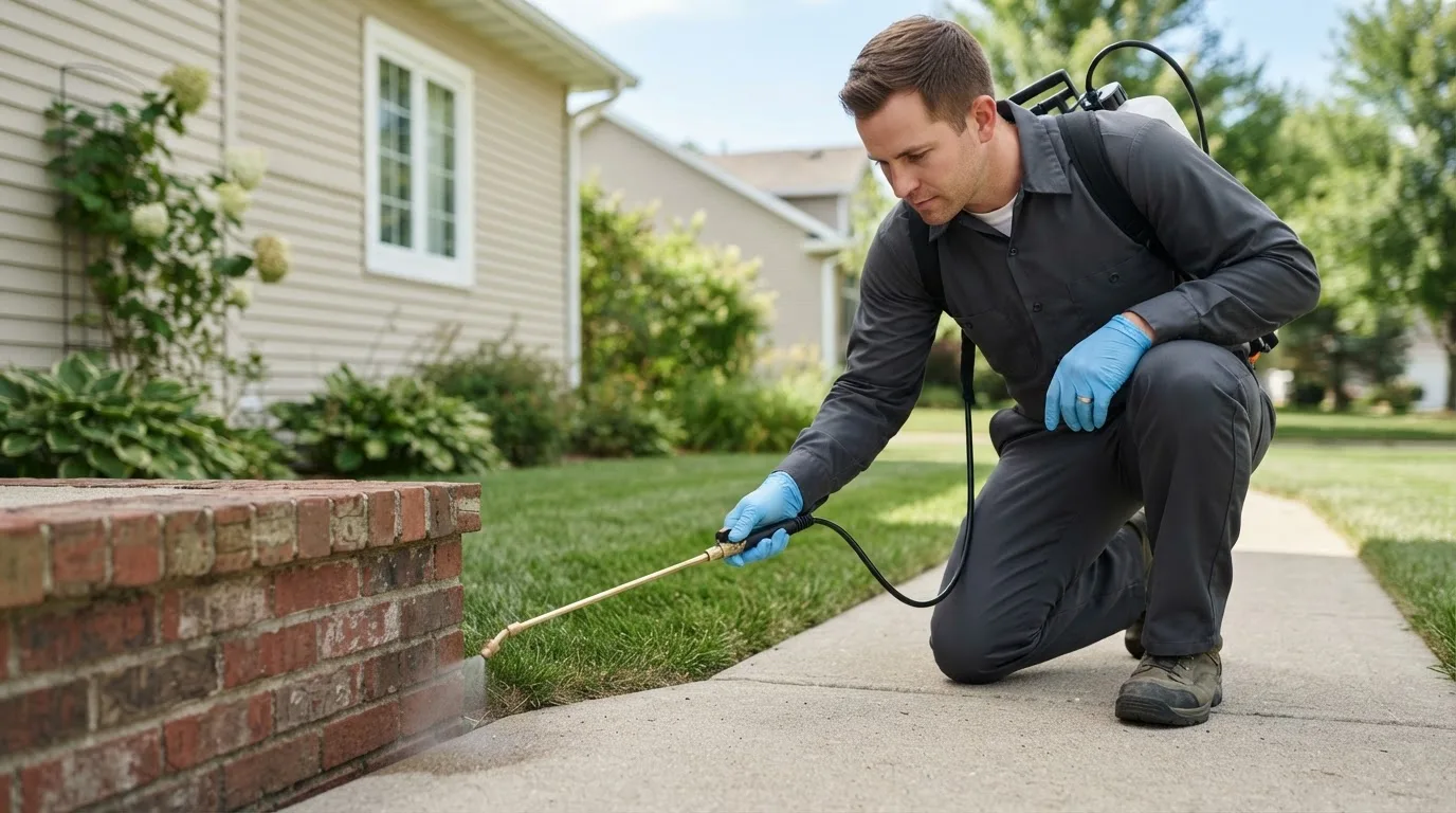 Pest control technician treating a home near Madawaska, ME